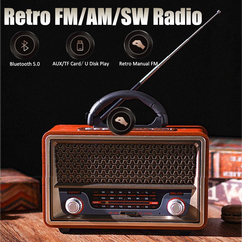 Full Band Radio Multi-functional AM/FM/SW Radio Retro Bluetooth Speaker Wooden MP3 Player Support AUX/TF Card/U Disk Play