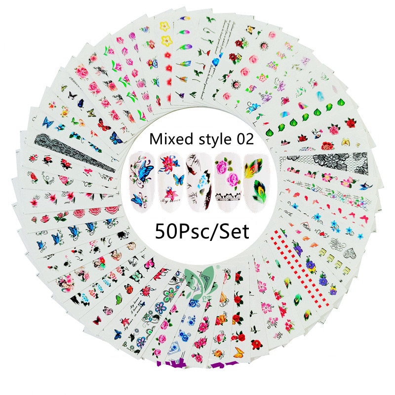 50 Ontwerpen Nail Stickers Set Gemengde Bloem Vogel Fruit Nail Art Decoratie Accessoires Water Transfer Decals Tattoos Manicure: Beige