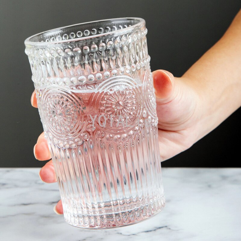 Sense of Weight 250-380ml Vintage Embossed Wine Cup Ins Whiskey Vodka Sun Flower Stemless Golden Mouth Ice Coffee Bar Drinkware