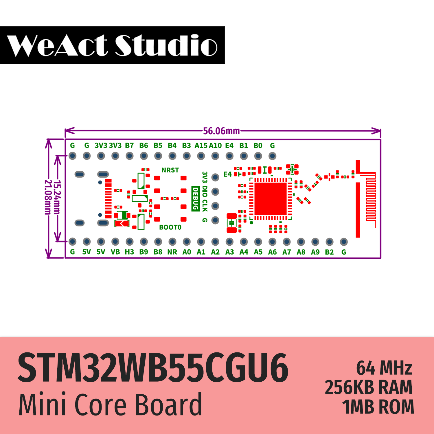 WeAct STM32WB55CGU6 STM32WB55 STM32WB STM32WB55CG BLE-5.4 802.15.4 Zigbee Thread Matter USB AES-256 Core Board Demo Board