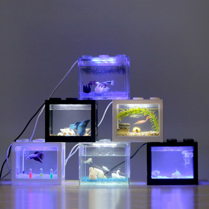 USB Mini Aquarium Fish Tank with LED Lamp Light Home Office Desktop Decoration