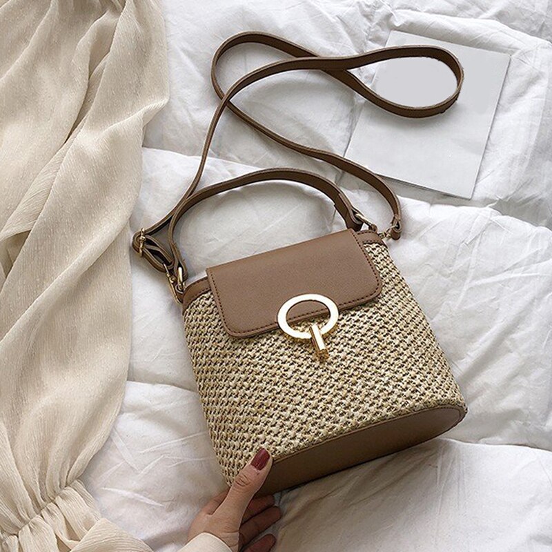 Kleine Stroh Eimer Taschen Für Frauen Sommer Umhängetaschen Dame Reise Geldbörsen Und Handtaschen Weibliche Schulter Einfache Tasche: Braun