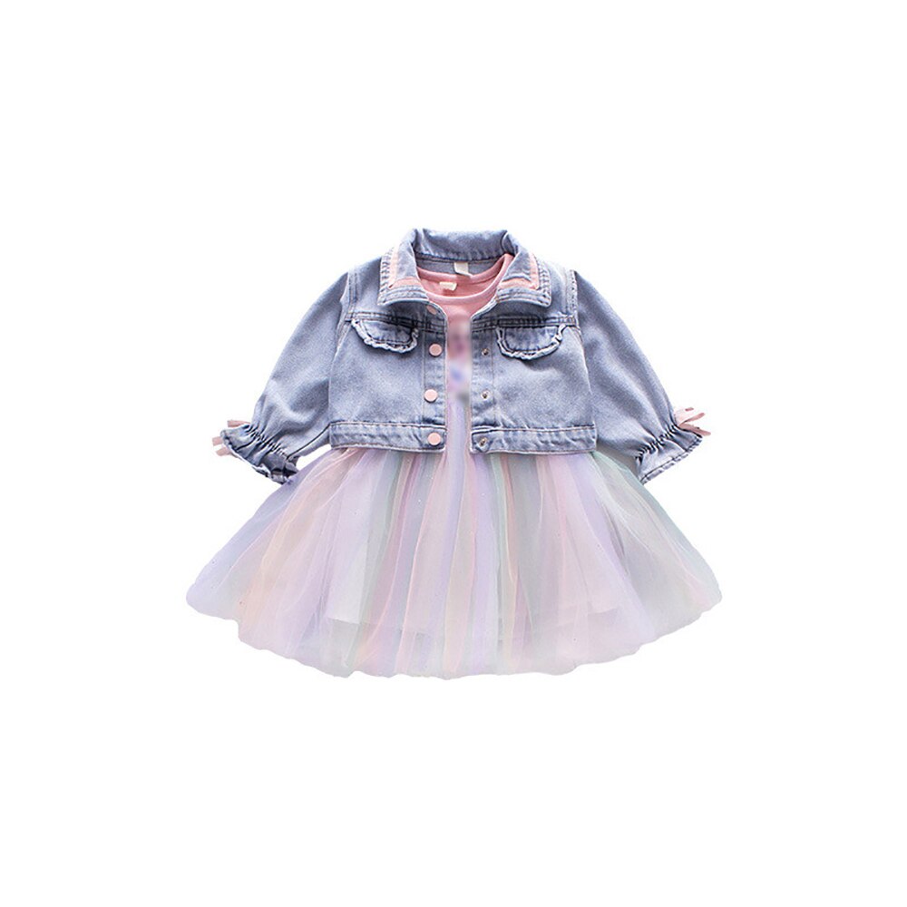 Børnetøj piger denimjakke & kjole 2pc cutegirls tøj patchwork mesh kjole efterår prinsesse dragt til piger: 3t pasningshøjde 80cm
