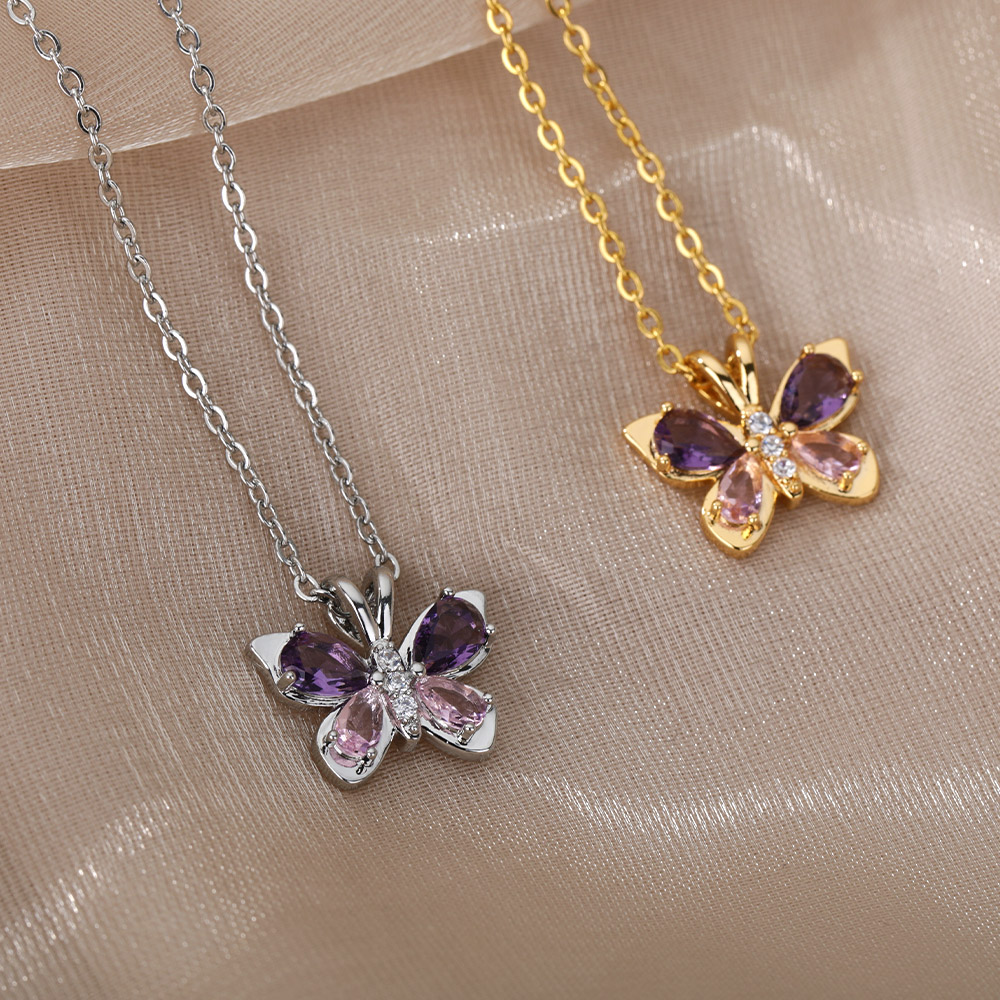 Nette Schmetterling Halskette Für Frauen Kristall Lila Schmetterling Ästhetischen Halsketten Charme Halsband Partei Edelstahl Schmuck