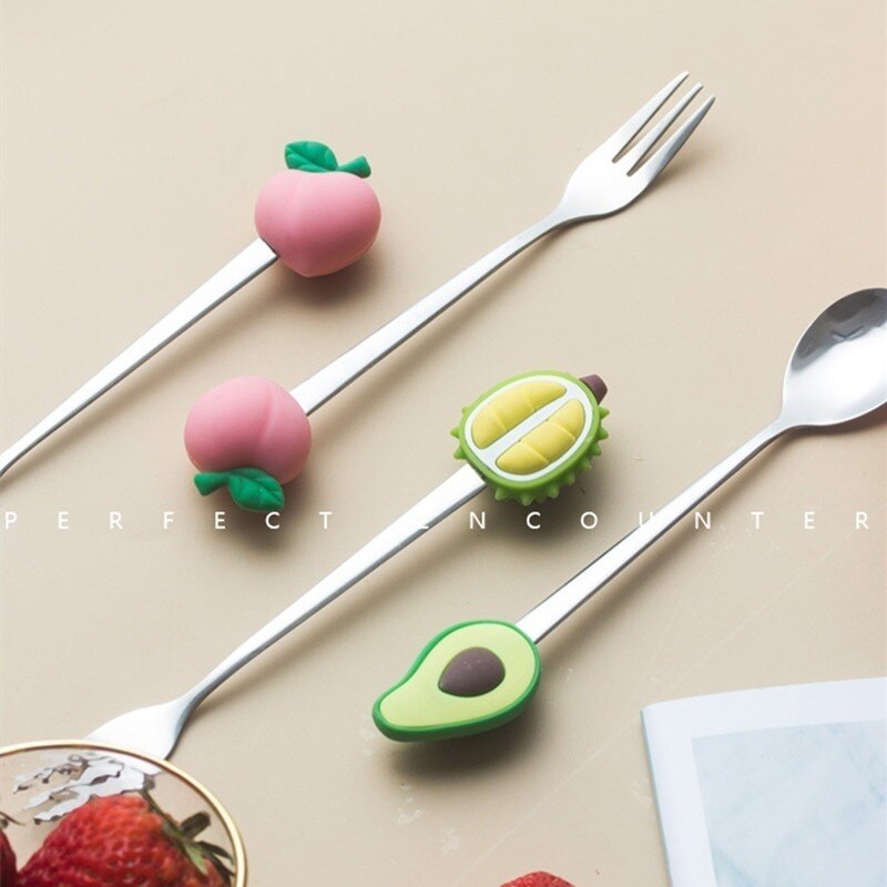 Fruit Shape Fruit Fork Spoon Silicone + Stainless Steel Fruit Fork Peach Durian Avocado Dessert Spoon