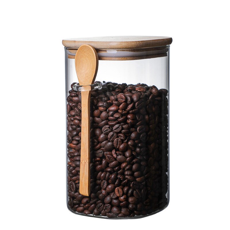 Caixa de armazenamento de cozinha de 800-1200ml tamanho, usando vidro transparente selado enlatado frasco de feijão de café de doces, com colher e tampa de bambu