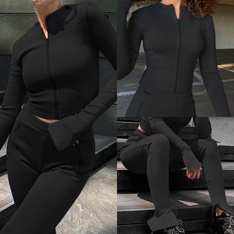 2 pièces ensemble femmes vêtements de sport fermeture éclair haut court Leggings Fitness élastique dames survêtement femmes