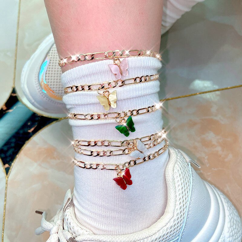 2 Stks/set Mode Vlinder Hanger Enkelbanden Voor Vrouwen Meisjes Leuke Dier Armband Voet Been Enkelband Boho Sieraden Accessoires