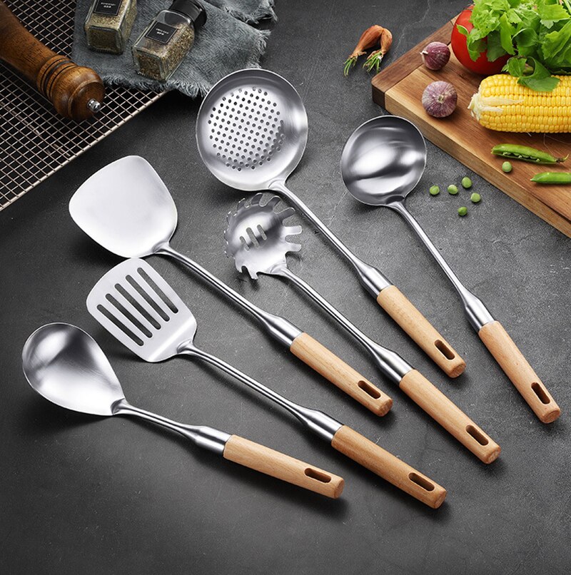 Espátula para utensilios de cocina, cuchara con colador, cucharas para sopa, pala ranurada, utensilios de cocina de acero inoxidable, batería de cocina mango de madera, cocina