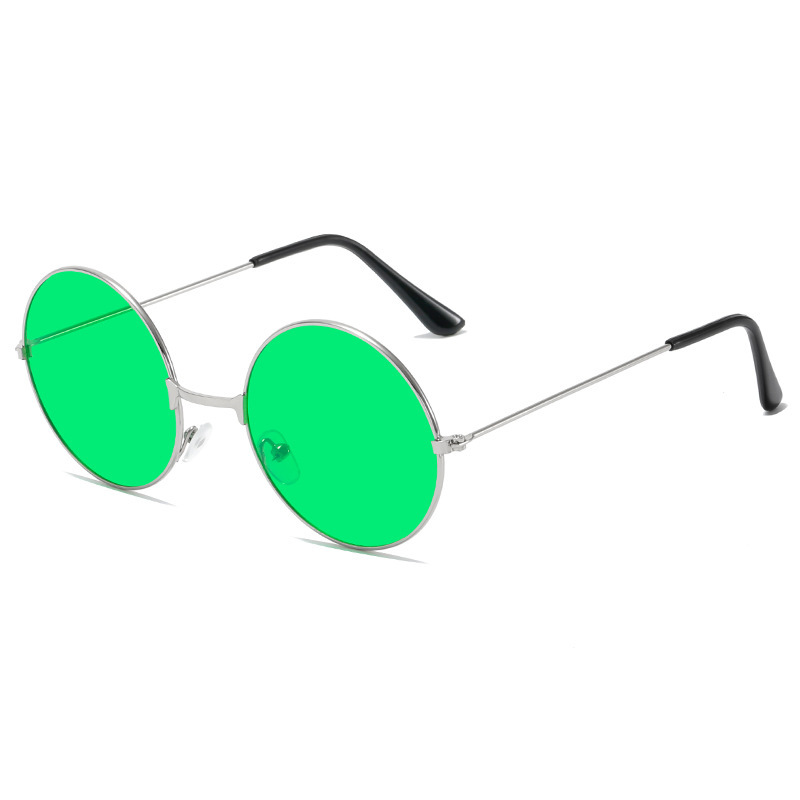 Retro Hippie Round Metal Frame Sunglasses Small Circle Sun Glasses Disco Party Candy Color Lens Eyewear for Women Men: Brown
