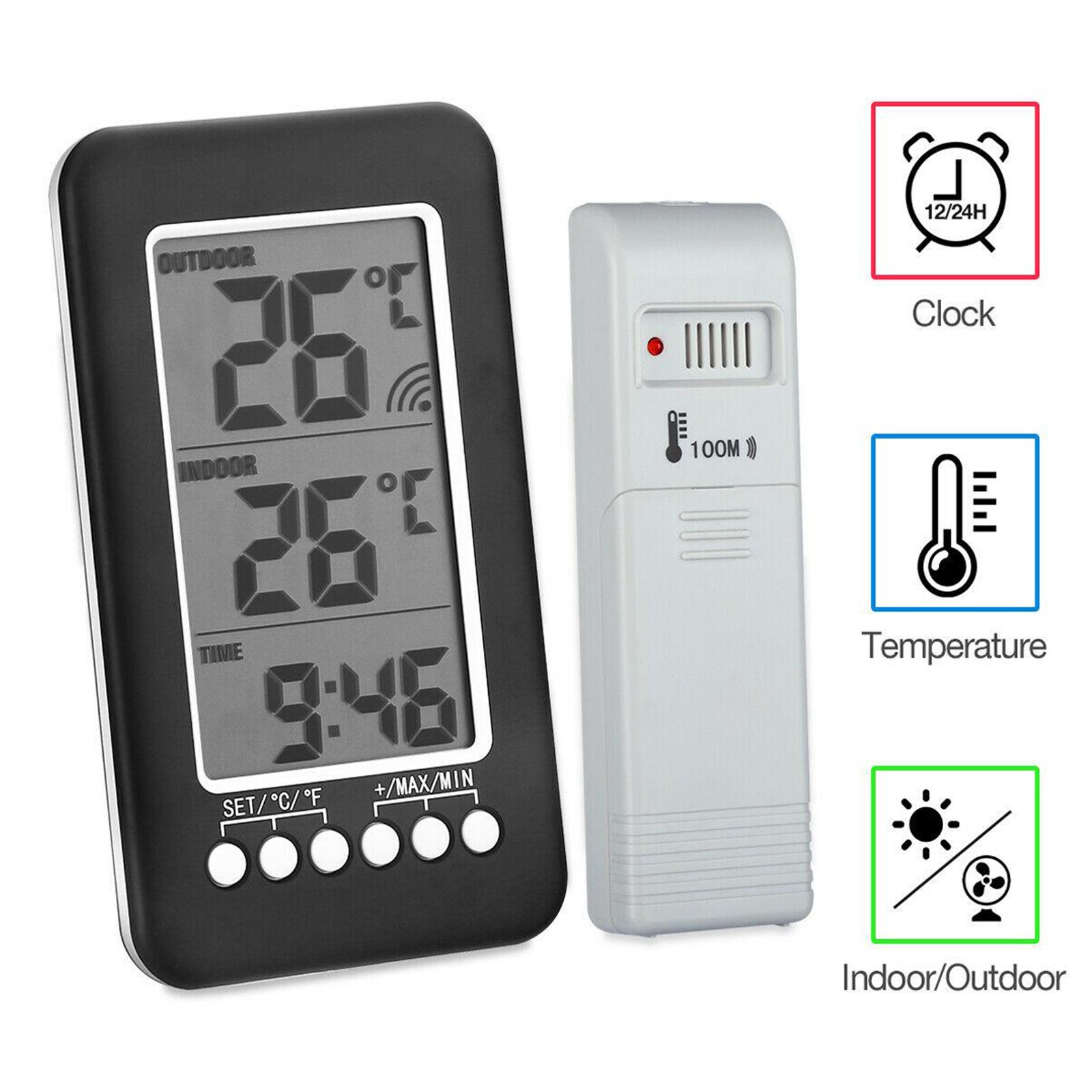 Draadloze Smart Indoor Thermometer Digitale Weerstation Wekker 12H/24H Display