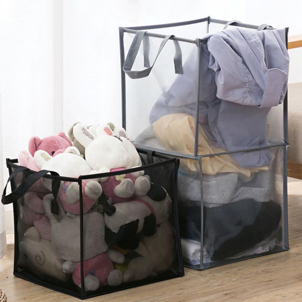 Mesh Pop Up Dirty Laundry Basket Hamper Square Foldable Side Handles Visible Dirty Clothes Sundries Toys Storage Bag