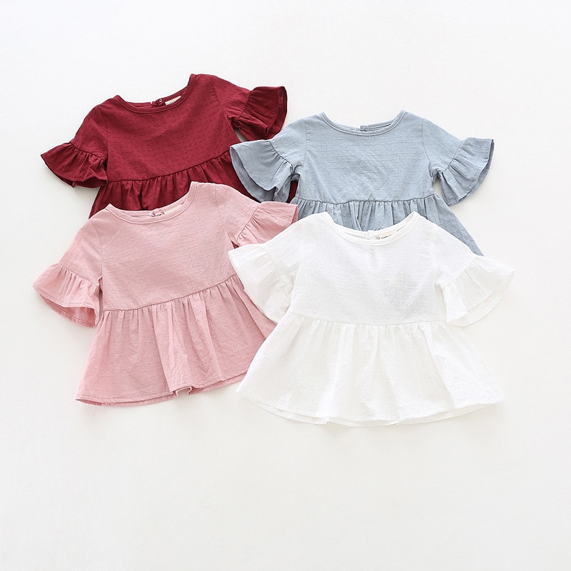 Zomer Lotusblad Mouw Meisje Kleding Baby T Shirts Wit Roze Geel Kleuren Lange Mouwen Dots Baby T-shirt Katoen Tops