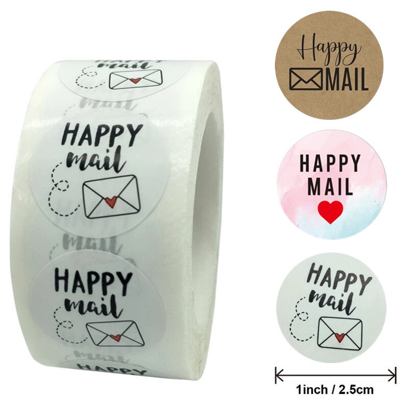 100-500pcs Happy Mail Stickers Scrapbooking1 Inch Round Kraft Stickers Seal Labels Envelope Packaging Labels Stationery Sticker