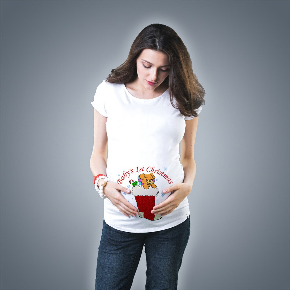 Santa Baby Christmas Snowman Pregnant Maternity T Shirts Women Casual Pregnancy Tee Tops Clothes: M