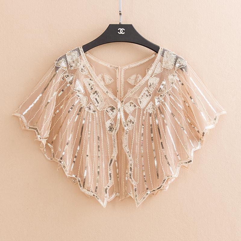 Châle de mariée , 16 couleurs, enveloppe en dentelle noire, boléro Cape courte pour femmes, paillettes scintillantes, veste d'été en dentelle noire: purebeige