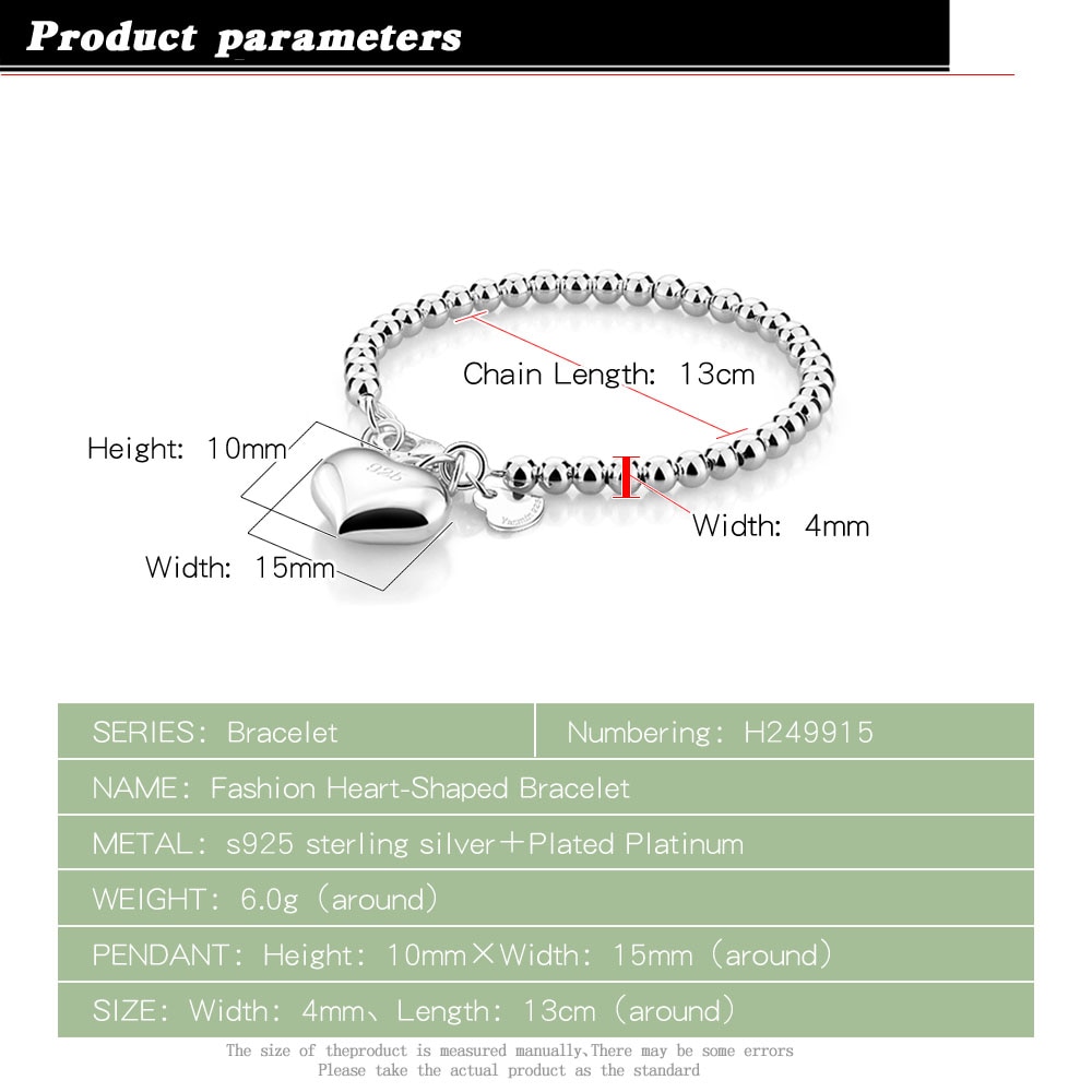 simple 4MM/6MM ball bead bracelet. Solid 925 silver heart-shaped jewelry. women's silver 15cm/20cm chain