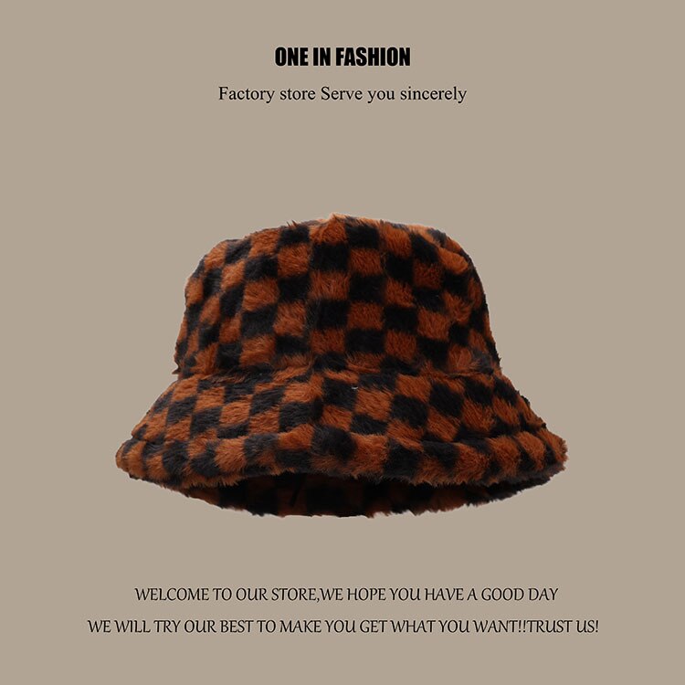 Vrouwen Hoeden Vrouwelijke Winter Dikke Warme Koe Fluwelen Vissen Caps Gorro Beanie Dames Zwart Wit Plaid Emmer Hoeden: Bruin