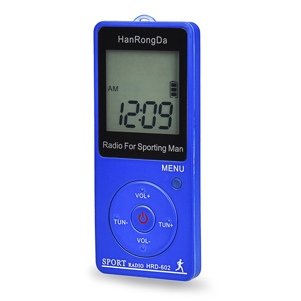 Hrd -602 mini fm / am radio 400 mahlcd display bærbar radio modtager låseknap lommeradio med øretelefon sports skridttæller: Blå