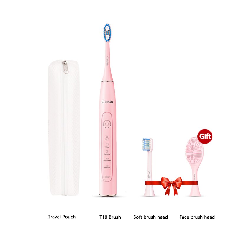 OBELLA T10 Electric Toothbrush 5 Modes USB Fast Charging Tooth Brush Adult Waterproof Toothbrush Face Cleaning Machine: Pink