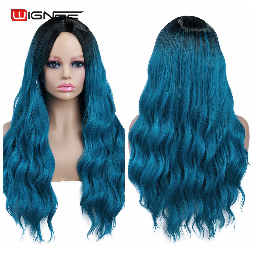 Wignee longo ondulado fibra azul perucas sintéticas parte média resistente ao calor para cabelo natural feminino diário/festa/cosplay party perucas
