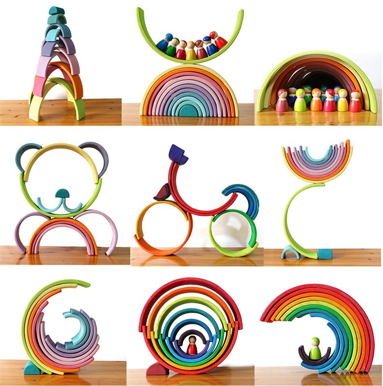 Dropshipping Grande Arcobaleno Blocchi/Semicerchio Blocchi Regalo Del Bambino Pegdolls Geometrica Giocattoli In Legno Per Bambini Istruzione