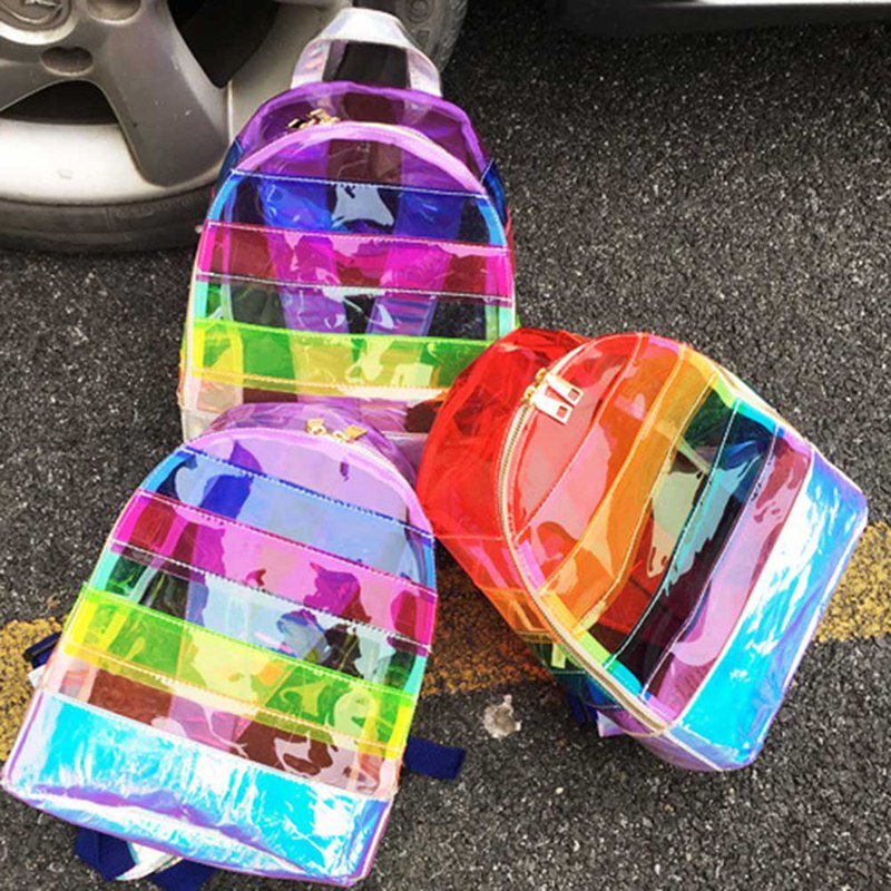 Regenbogen PVC Rucksack transparent Wasserdicht Schule Tasche Frauen Schulter Schulranzen Klar Bunte Rucksäcke Reise Daypack