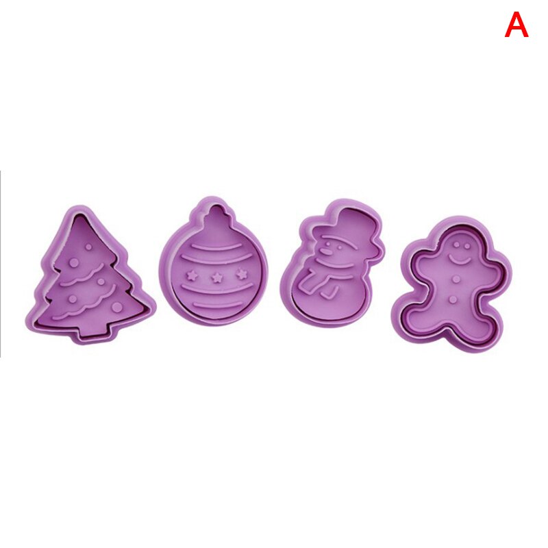 4 st/set livsmedelsklassad plast julform kakskärare köksbakverktyg kolvstämpel fondant tårtdekoreringsverktyg: A