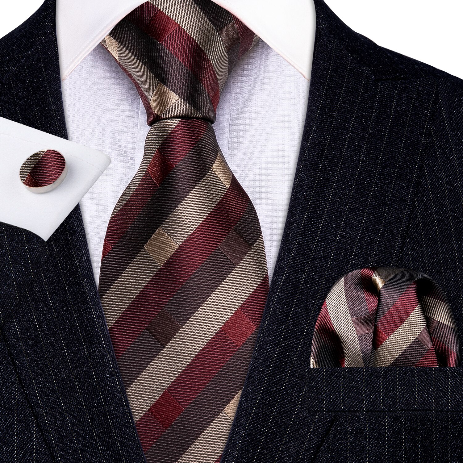 Cravate 100% soie pour hommes, Plaid rouge, Jacquard tissé, ensemble de boutons de manchette, cravate de cou, fête d&#39;affaires