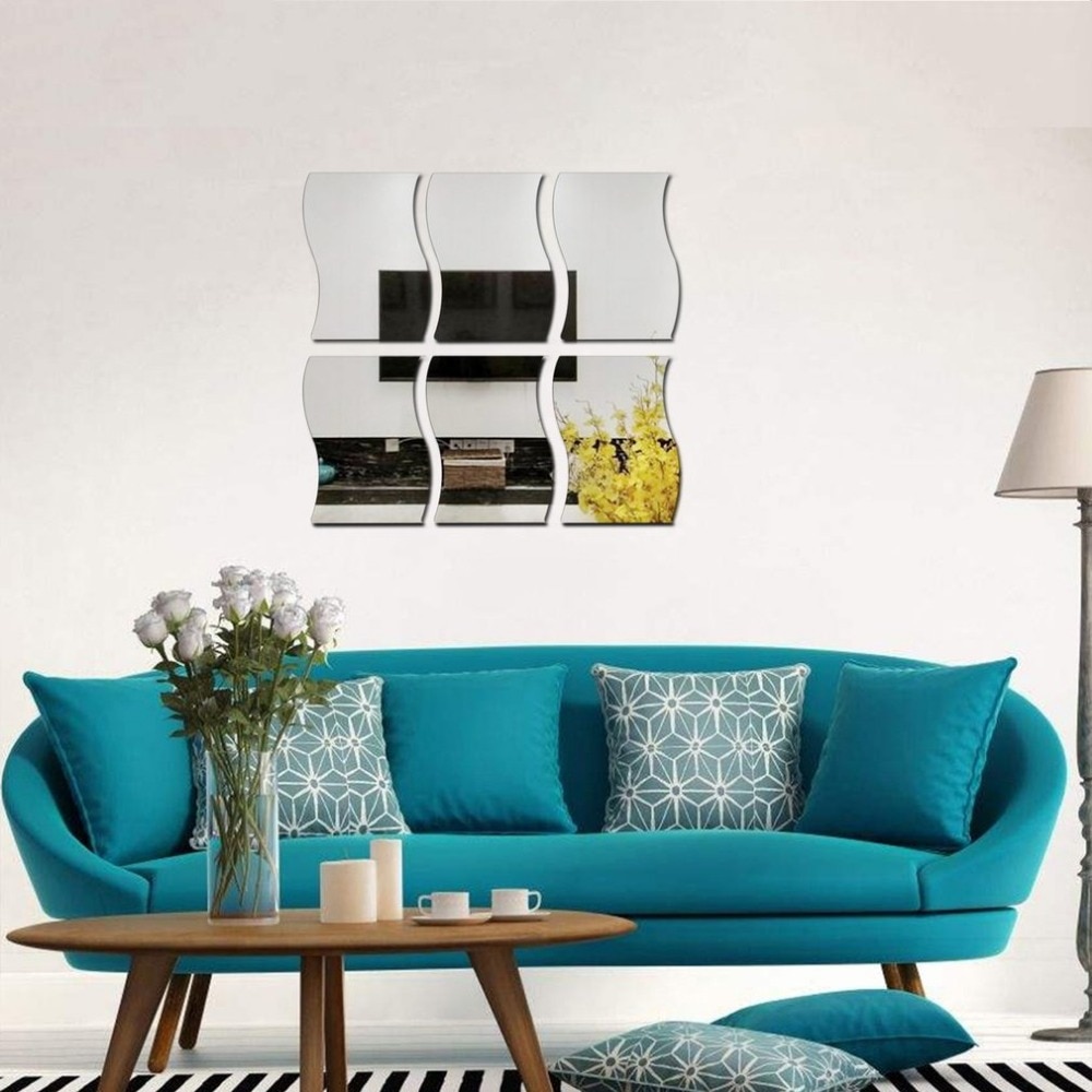 6 uds. Forma de olas auto-adhesivo azulejo 3D espejo pegatinas calcomanía decoración de la habitación moderno espejo azulejos decorativos espejos
