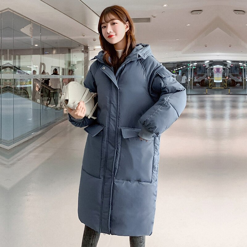Solid Lange Dikke Winterjas Vrouwen Warm Losse Hooded Omlaag Parka Volledige Mouw Met Grote Pocket Dames Oversize Jassen: Blauw / XXXL