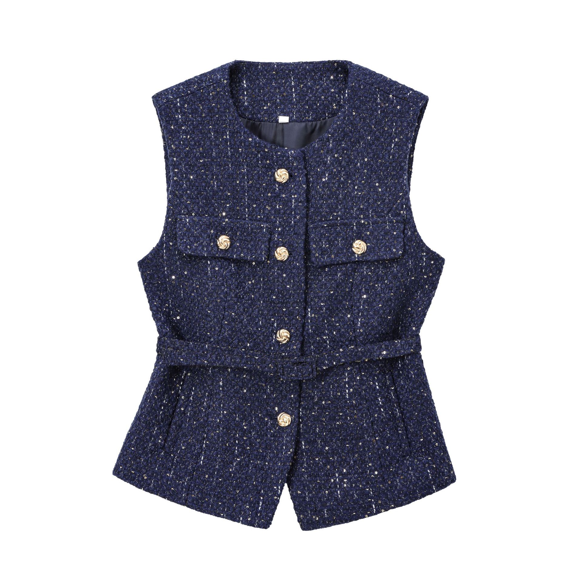 Damen-Tweed-Weste mit Gürtel, O-Ausschnitt, ärmellos, Knopfleiste vorne, Jacken, Damen-Oberbekleidung, schicke Oberteile, modischer Mantel: L / Blau