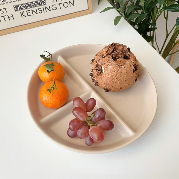Ladycc Koreaanse Matte Ronde Eettafel Plaat Keramische Drie Raster Plaat Fruit Ontbijt Platte Plaat Kinderen Eetkamer Plaat