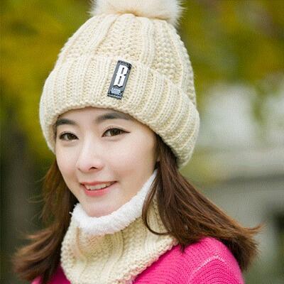 Neck warm Balaclava knitted winter hat Big Fur pom poms ball Knitted hats scarf set women Beanie Hat thick Skullies female cap: beige Hat and Scarf