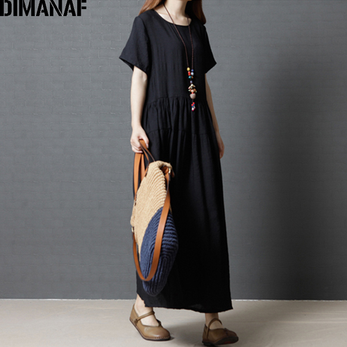 Dimanaf kvinder sommerkjole plus size linned kvindelig dame plisseret vestidos solid sort løs vintage lang kjole m -2xl: M