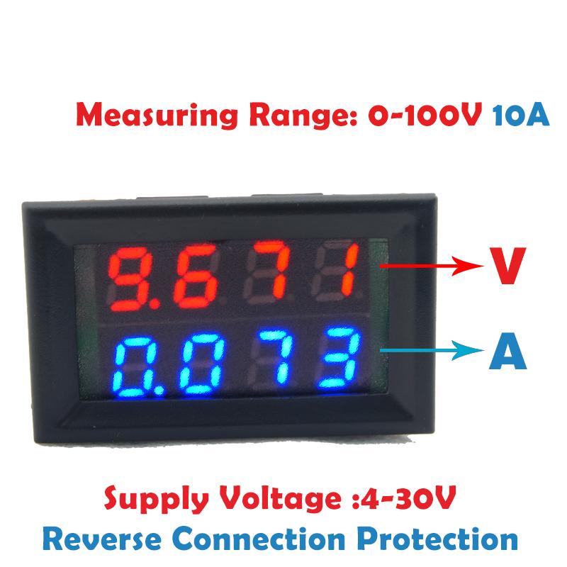 0.28inch Digital Voltmeter Ammeter DC 100V 10A Blue Red Dual LED Display Panel Amp Volt Voltage Current Meter 2 Wires