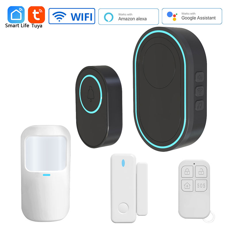 Wireless WiFi Doorbell Tuya Smart Home Security Alarm System Connect 433MHz Detector Alert Mode Welcome Doorbell LED Lights Kit: Ivory