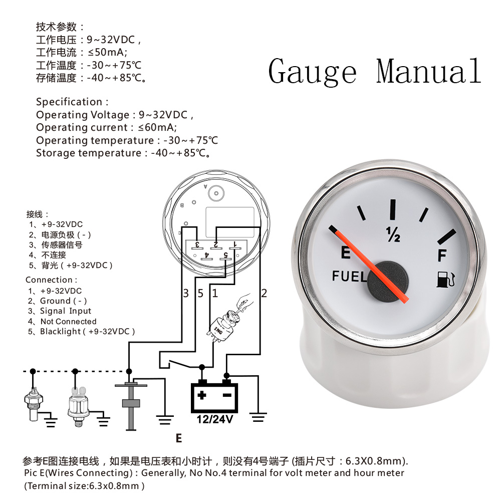 100–500 mm Edelstahl-Marine-Kraftstoffstandsanzeige, Sensor, passend für Boot, Auto, Kraftstoffstandsanzeige, 0–190 Ohm, mit roter Hintergrundbeleuchtung, 9–32 V