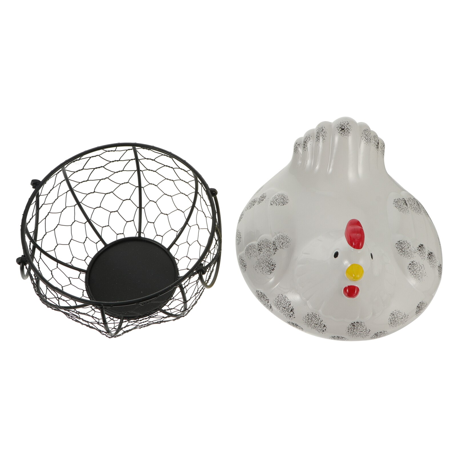 Chicken Shape Ceramic Chicken Shaped Lid with Round Wire Basket Base and Handles Egg Holder Home Storage Basket Holder