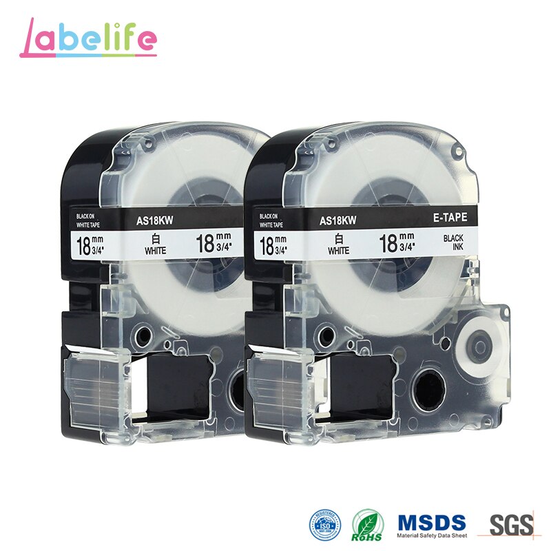 2 Pack SS18K Black on White 18mm Label Maker Tape Cartridge Label Cassette Refills For Epson LabelWorks Label Printers LW-300