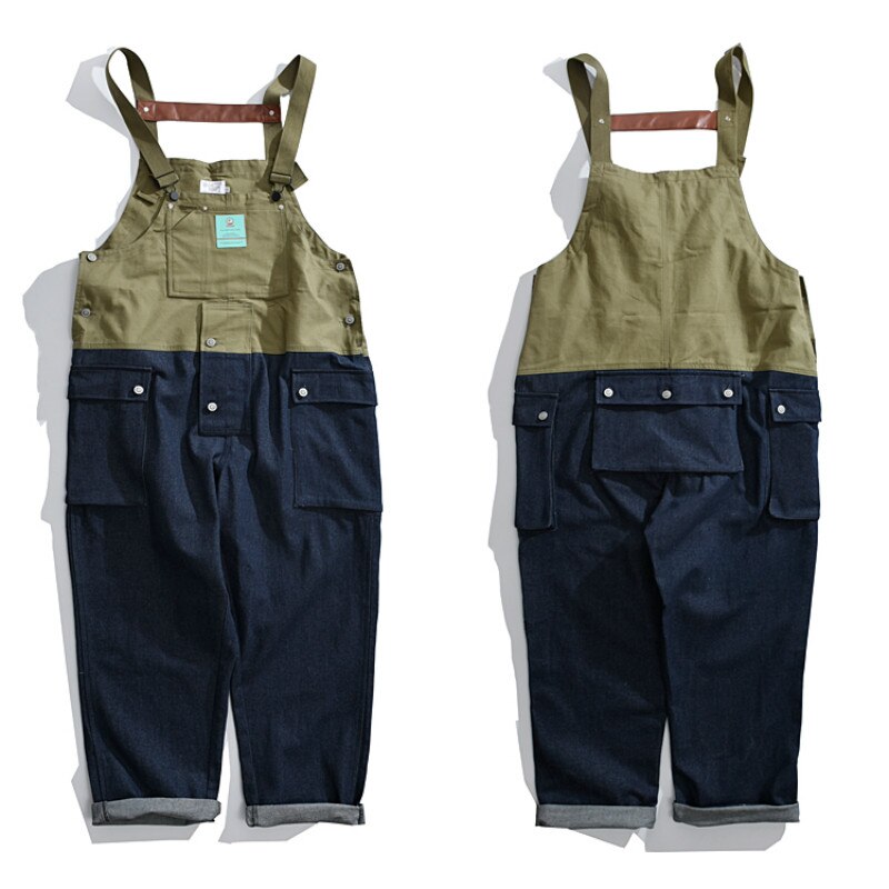 Kontrastsøm smæk overalls bukser herre safari cargo arbejdsbukser funktionelle flere lommer denim bukser overalls herre jeans