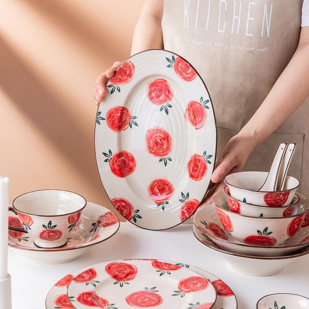 Mdzf sweethome keramisk rose servise sett nudler biff salat tallerken suppe skje ris bolle melk krus saus parabol kjøkkenverktøy