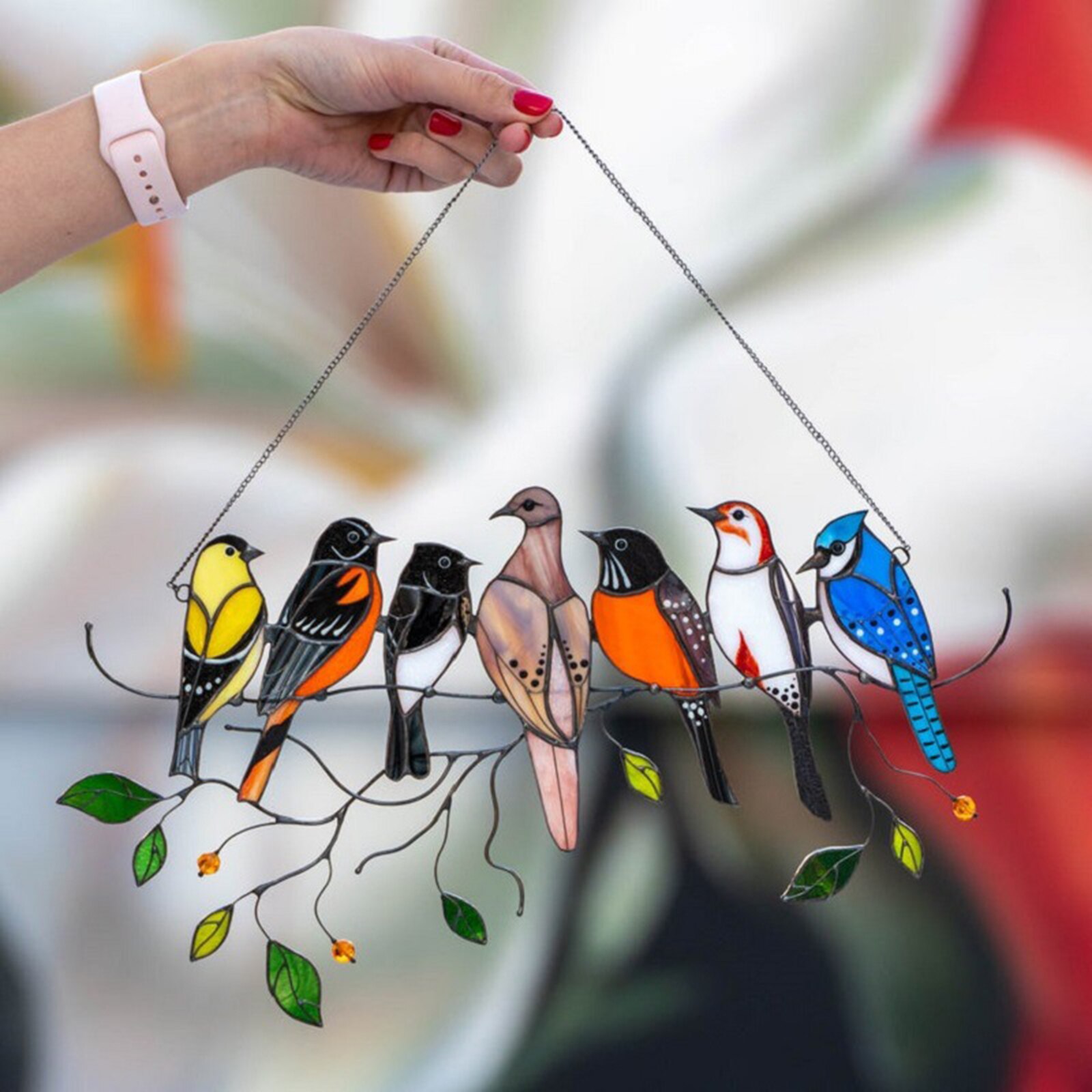 Window Panel Stained Glass Birds-on-a-wire Stained Glass Suncatcher Window Hanging Panel Bird Series Ornaments