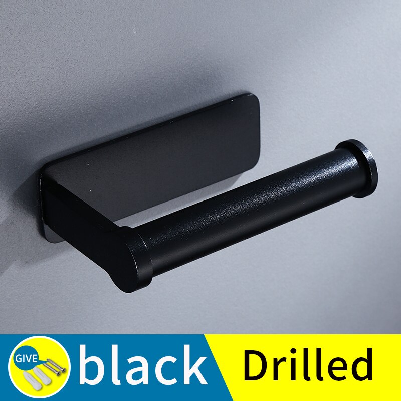 Bathroom paper holders black wall mounted screw free installation toilet paper roll stand dispenser kitchen tissue roll holder: A-black(drilled)