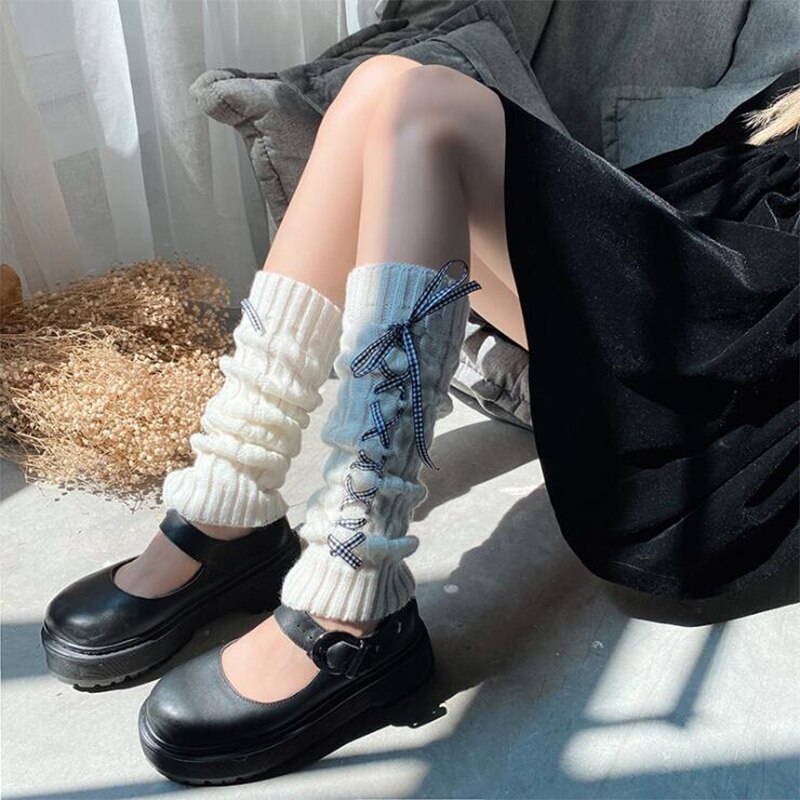 Scaldamuscoli autunnali da donna, calzini alti lavorati a maglia elasticizzati senza piede con fasciatura tinta unita per ragazze, bianco/nero