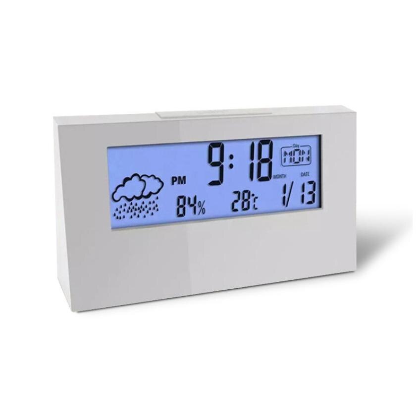 Modern Multi-function Digital Alarm Clock With Calendar Weather Map Temperature and Humidity Display Desktop Electronic Clock: White