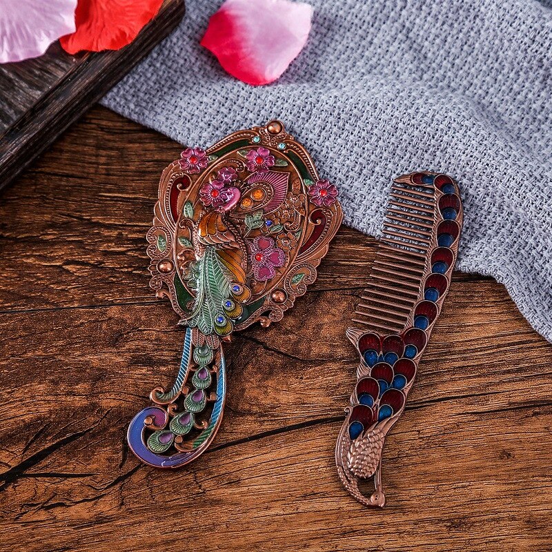 Makijaż lustro chiński Vintage Hollow-out rzeźba Rhinestone lustro zestaw grzebieni z pudełko eleganckie z kieszeniami lustro dla kobiet: 7