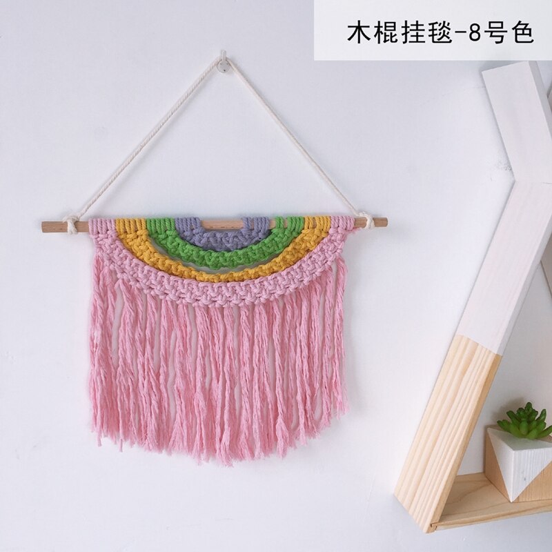 Babykamer macramé gebreid wandkleed met kwastje bohemian handgemaakte gevlochten regenboog houten wandhanger kunst kinderkamer boho decoratie: 08