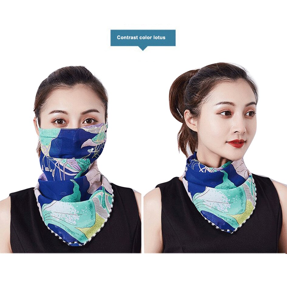 Silkes halsduk mask solskydd triangel hals kvinnlig sommar vår höst för att täcka ansiktsmask öronhängande halsduk skyddsmask: Lotus / 1pc