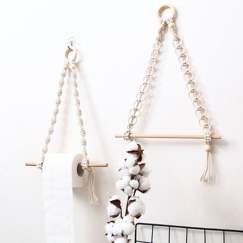 Nordic Macrame Wall Hanging Wooden Stick Toilet Paper Holder Towel Hanger Decor 11UA